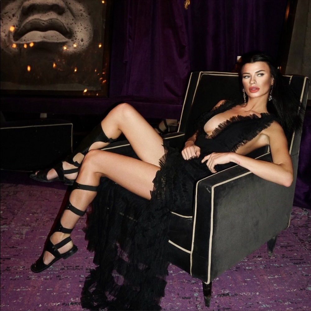 Kiki Riki “Display of Affection” Black Mesh Ruffle Maxi Dress Size S